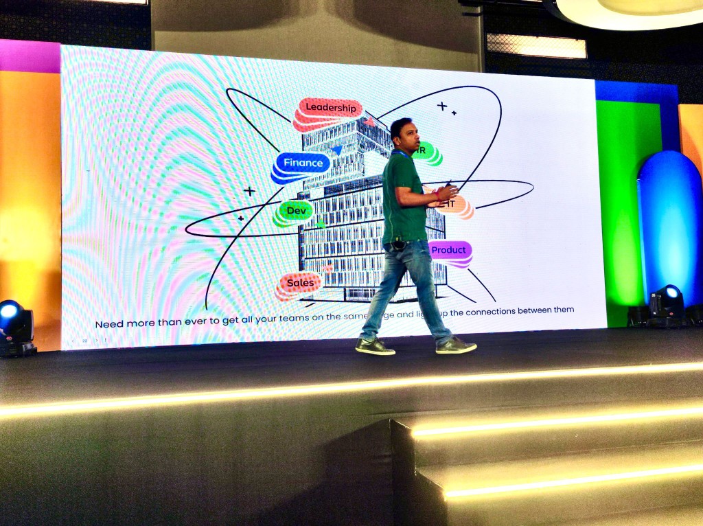 Dushyant Sharma on stage at ACE Pune with a slide showing Leadership, Finance, Dev, HR, IT, Product and Sales orbiting a single building — the System of Work concept.
